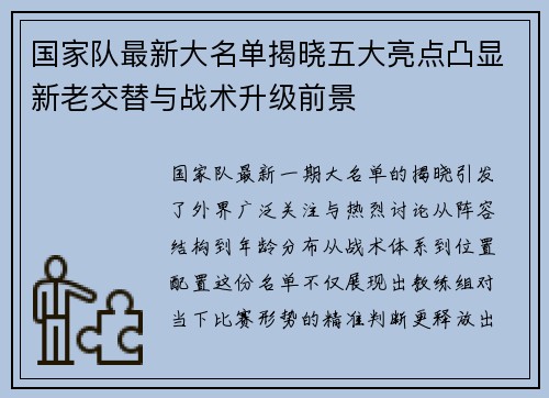 国家队最新大名单揭晓五大亮点凸显新老交替与战术升级前景